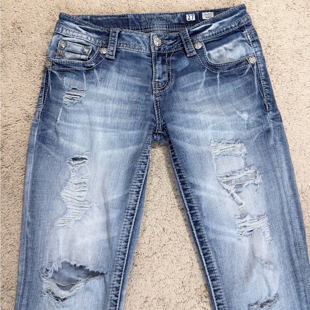 Women’s Miss Me Blue Jeans Size 27 Skinny Distressed Ripped Rhinestones Blue - Picture 6 of 10